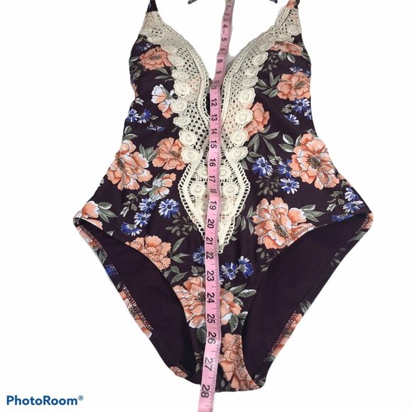 Kona Sol Womens Size Small Swimsuit One Piece Lace Trim Black Multi Floral New - Picture 11 of 11